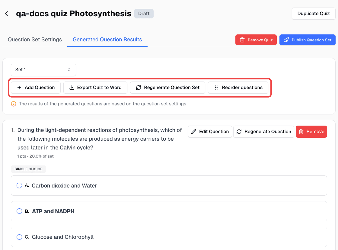 Generated Question Results tab with Add Question, Export Quiz to Word, Regenerate Question Set, and Reorder questions