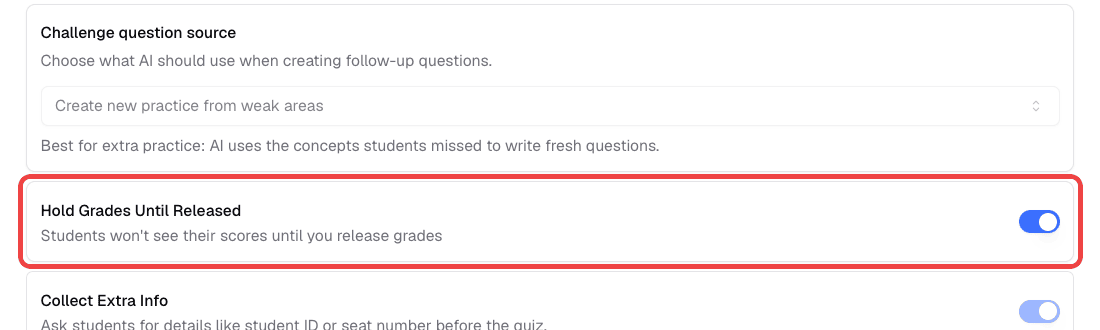 Hold Grades Until Released switch in the Question Set Settings tab of a published quiz