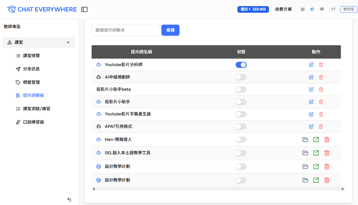 Teacher Portal prompt template list with status filters