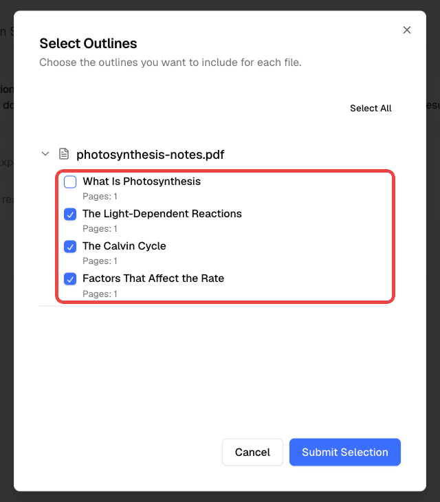 Select Outlines dialog with chapters selected from an uploaded PDF