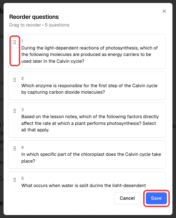 Reorder questions dialog with drag handles and the Save button