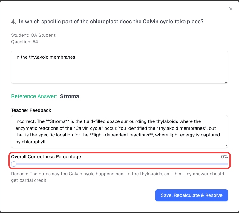 Regrade request dialog with the student's answer, feedback, and Overall Correctness Percentage slider