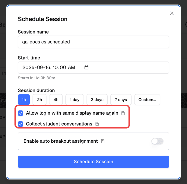 Session form with Allow login with same display name again and Collect student conversations checked and highlighted