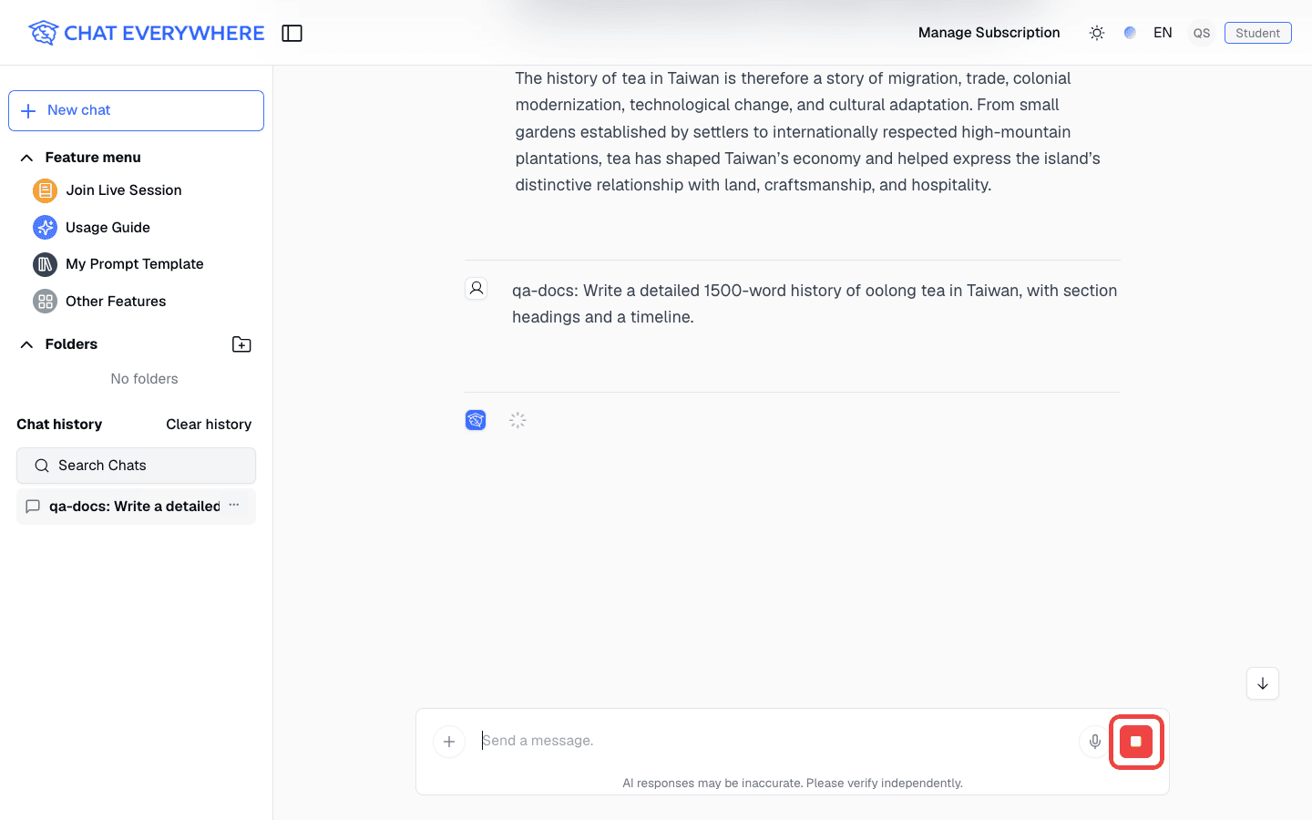 Red Stop answer button in the chat composer while a response is streaming