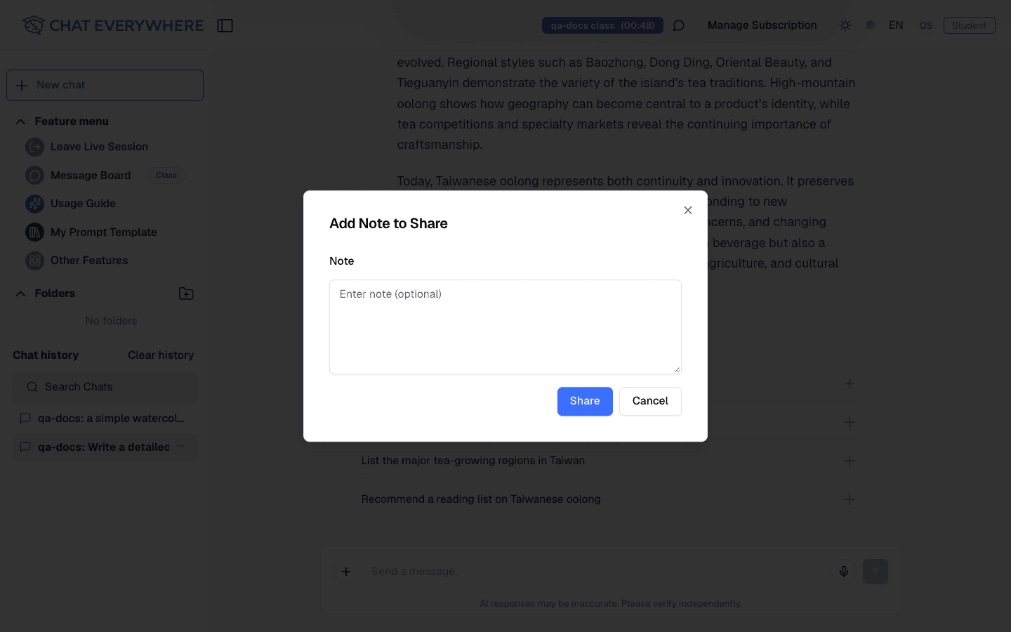 Add Note to Share dialog with an optional note field