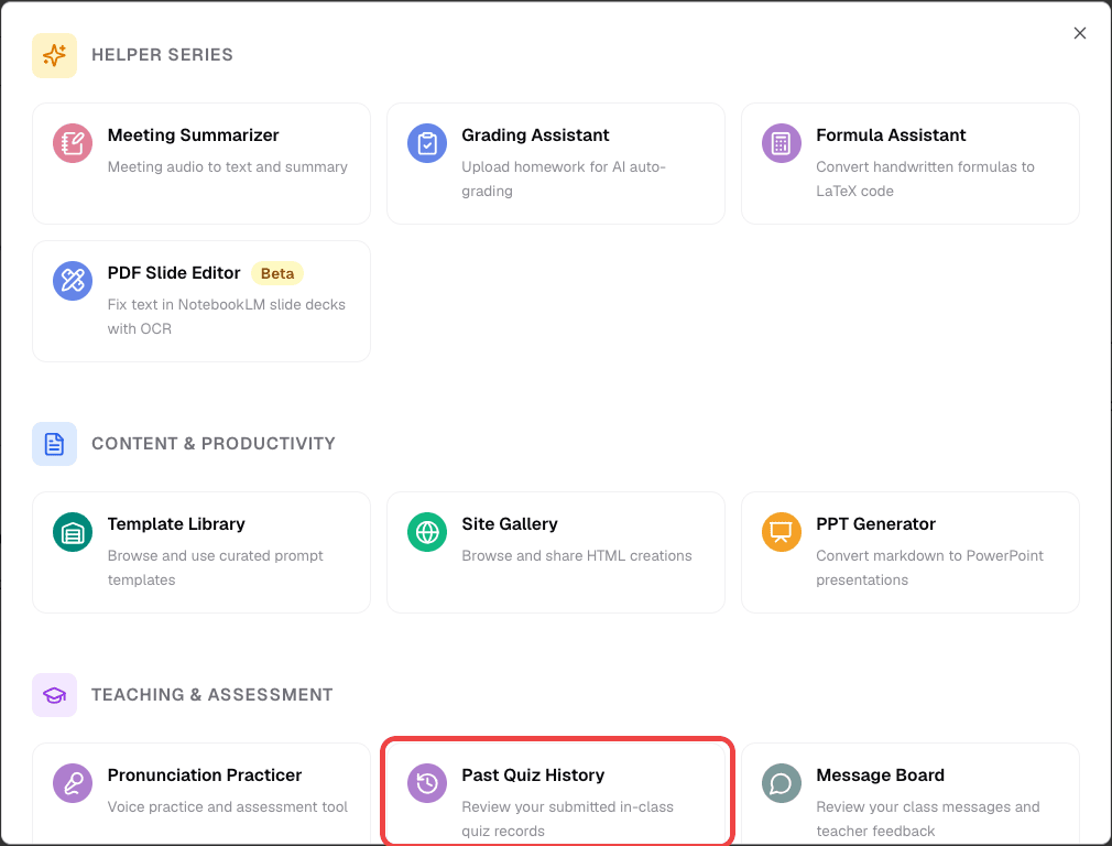 Past Quiz History in the Other Features dialog