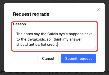 Request regrade dialog with the Reason field and Submit request button