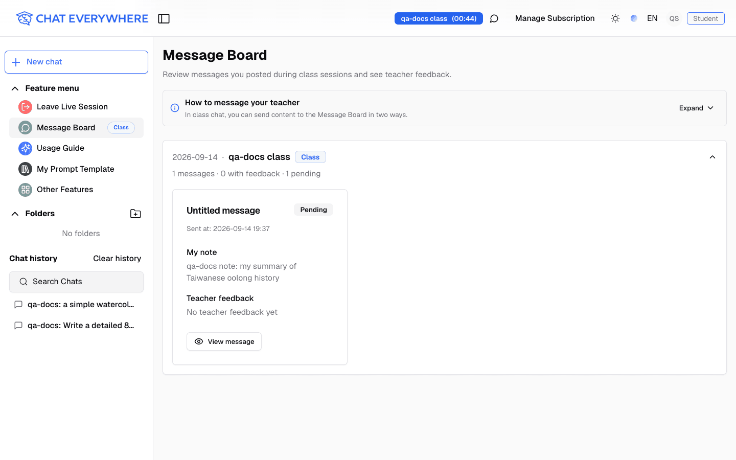 Student Message Board page with a pending post grouped under its class session