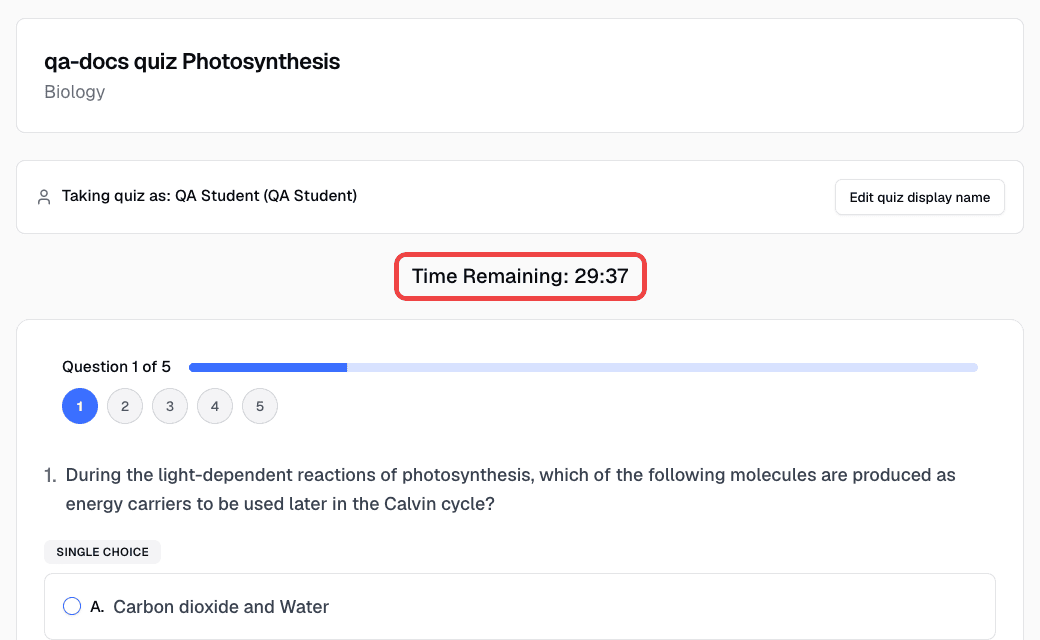 Time Remaining countdown above the quiz questions