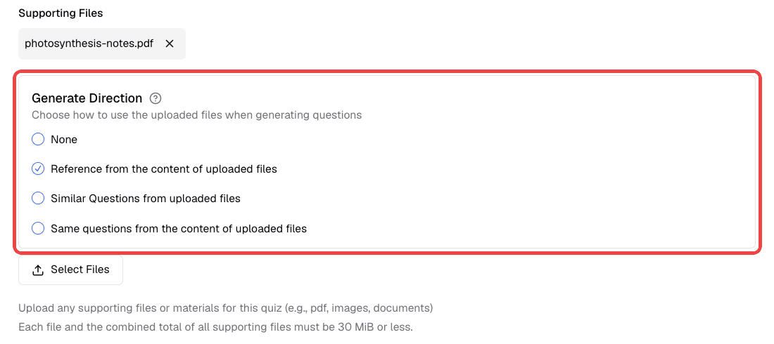 Uploaded supporting file with the Generate Direction options