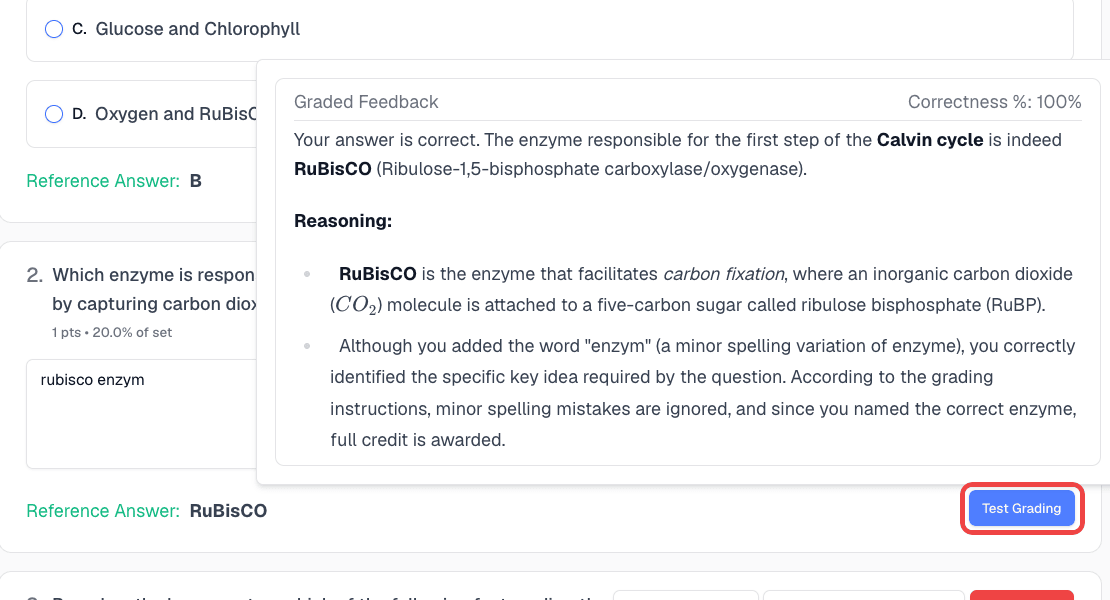 Test Grading result showing graded feedback and correctness for a sample answer