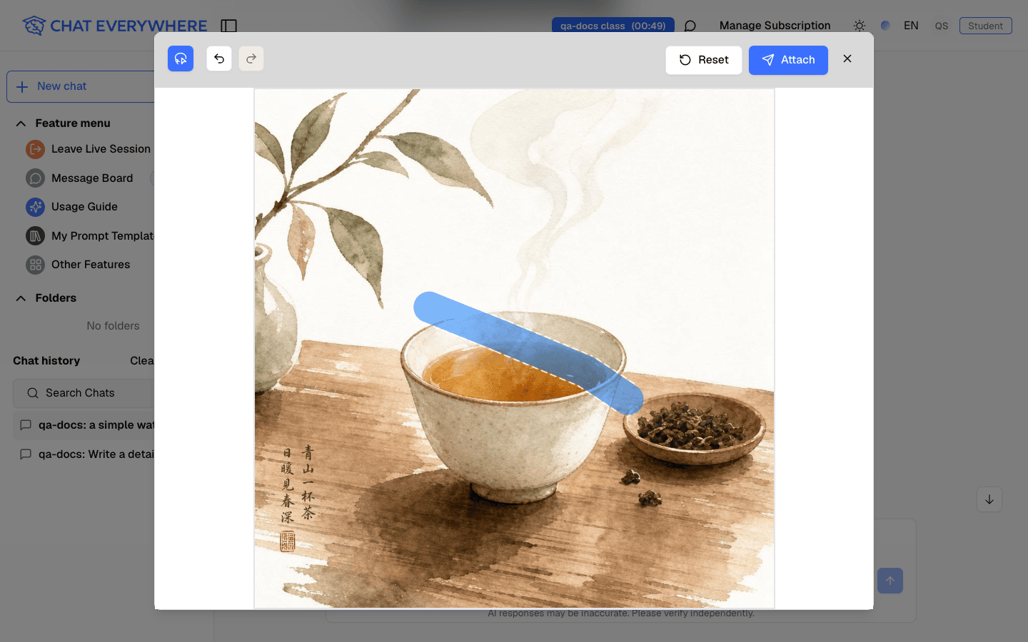 Whiteboard with a generated image and a light-blue selected area ready to attach